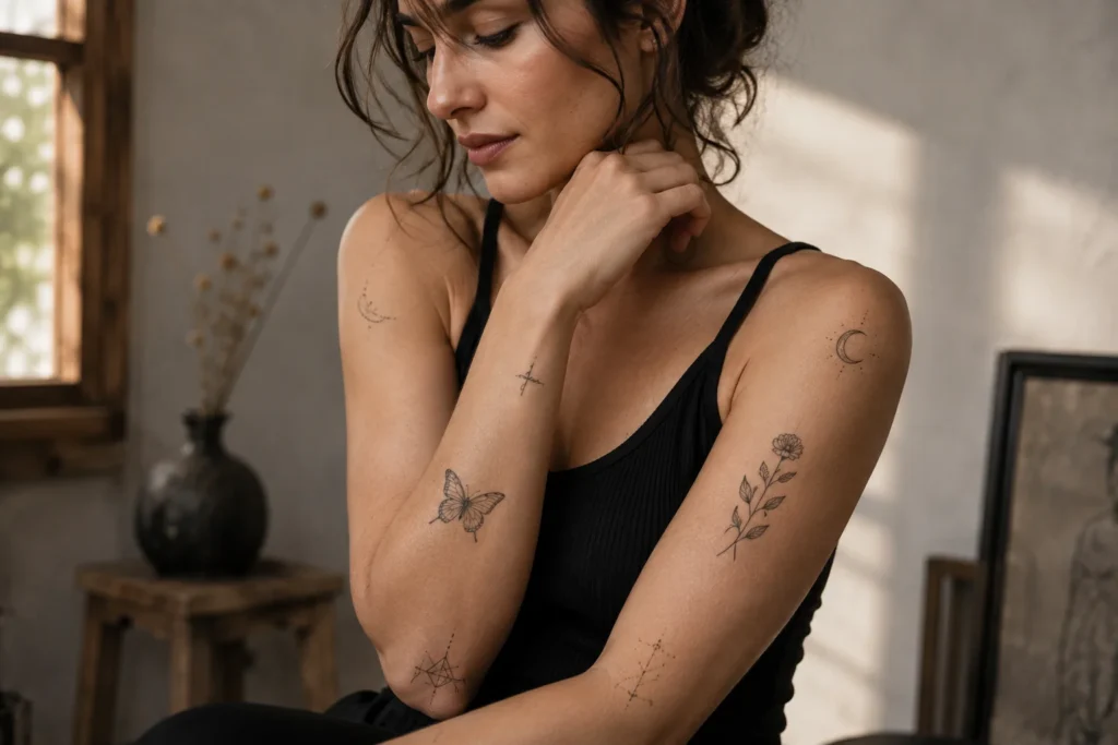 First tattoo ideas for women including small fine line designs