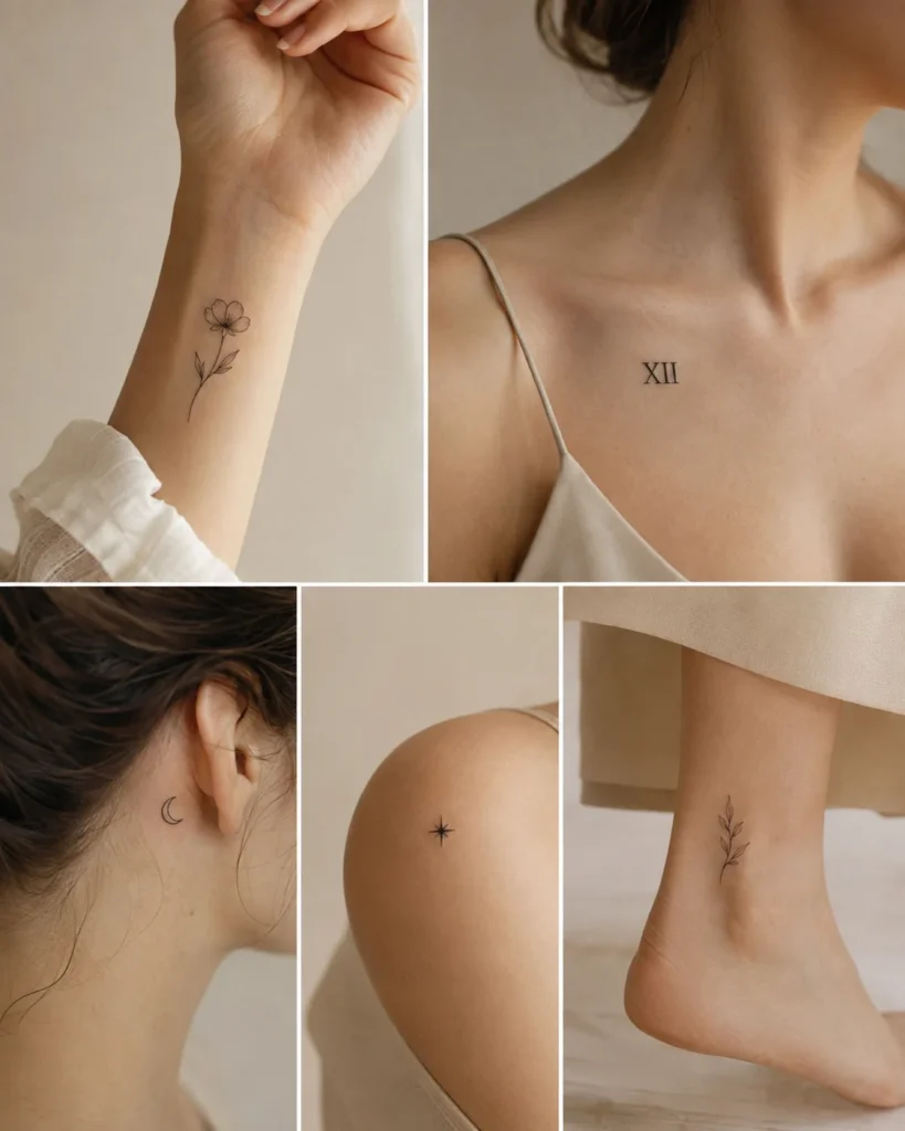 Elegant fine line tattoos with flowers, Roman numerals and small celestial symbols