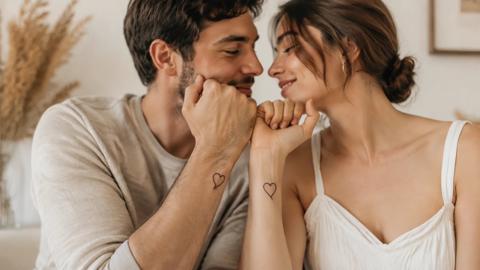 Couple showing matching minimalist tattoos representing their relationship