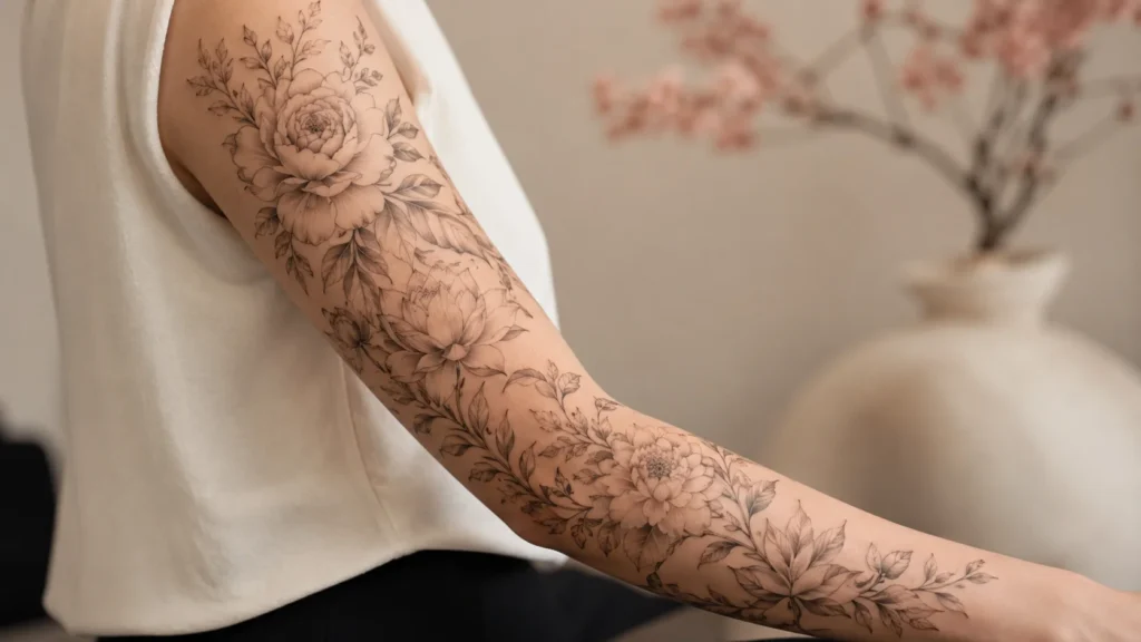 Floral sleeve tattoo ideas with botanical arm designs