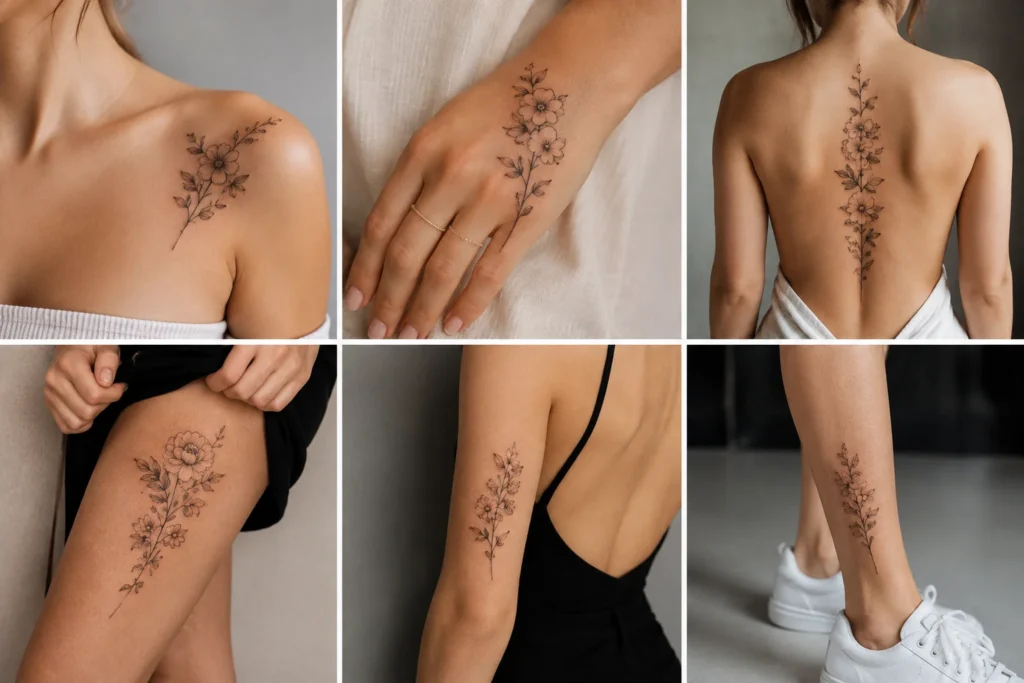 Floral tattoo placement ideas for shoulder hand spine thigh and back designs