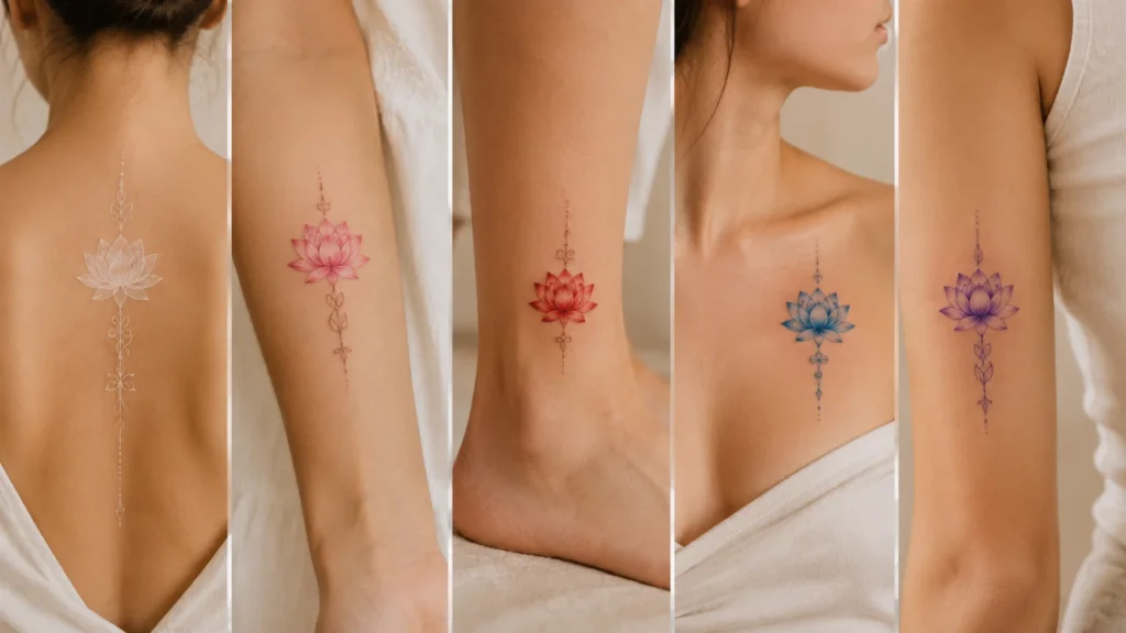 Lotus tattoo ideas in white, pink, red, blue and purple