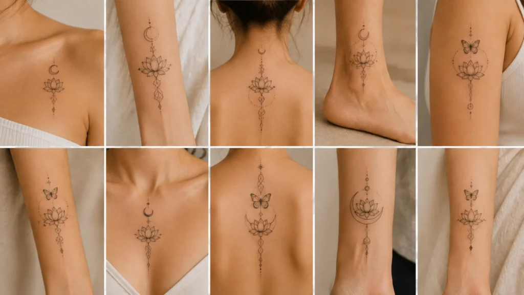 Lotus tattoos combined with moon, butterfly and geometric elements