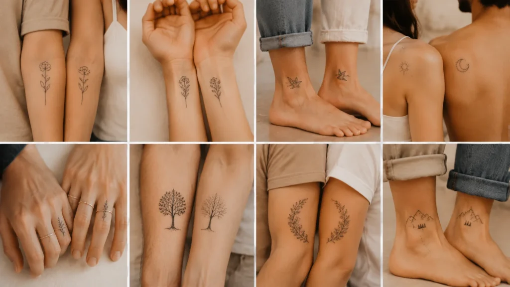 Nature inspired couple tattoos with floral and symbolic designs