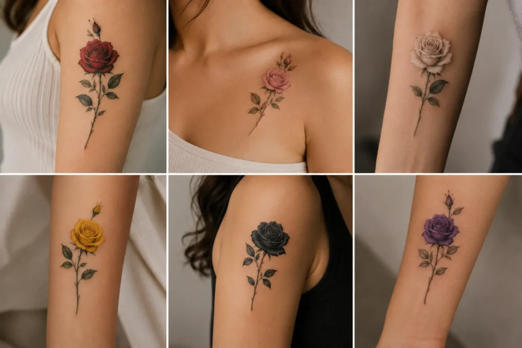 Rose tattoo designs in red, pink, yellow, dark and purple tones