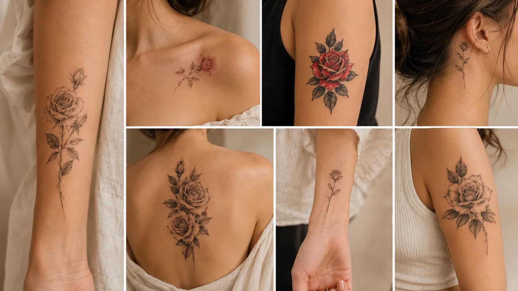 Rose tattoo ideas in fine-line, traditional, botanical and black-and-grey styles