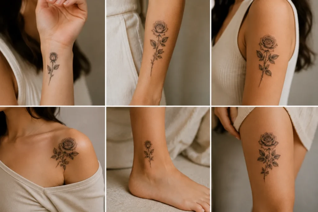 Rose tattoo placement ideas for wrist, forearm, shoulder, ankle and thigh