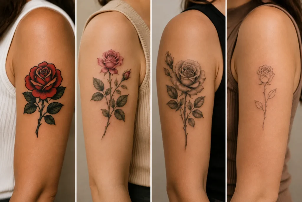 Traditional, botanical, realistic and minimalist rose tattoo styles