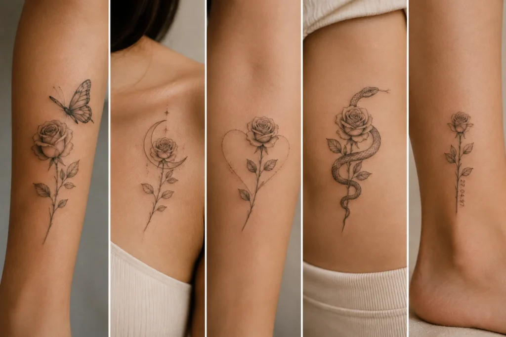 Rose tattoos combined with butterfly, moon, heart and snake symbols