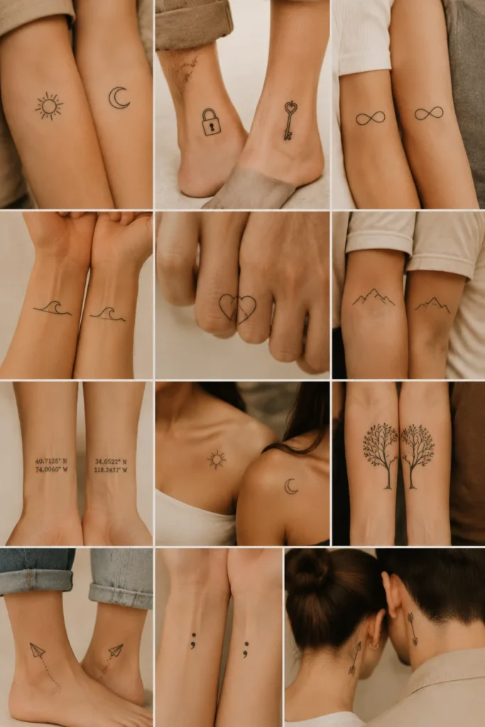 Small matching couple tattoo ideas with minimalist designs