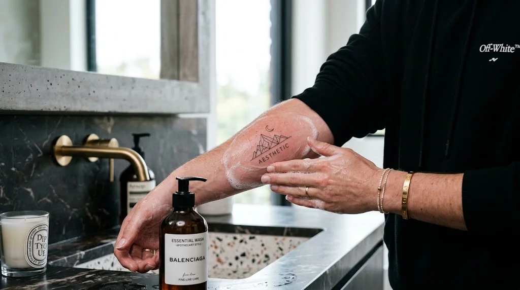 a hand applying soap on a new tattoo