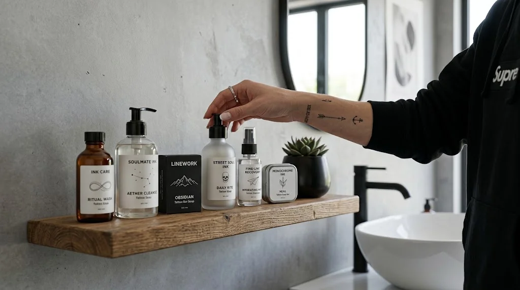 various tattoo soaps lined up on a bathroom shelf